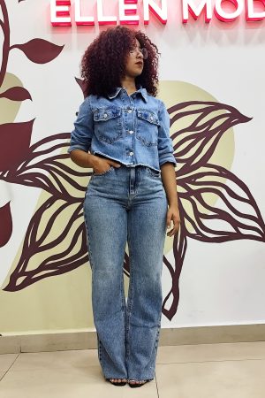 CALÇA WIDE LEG JEANS AZUL BARRA CORTADA -Ellen Modas